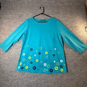 Susan Graver Weekend Turquoise Blue Circle Embroidered Grommet  Medium 3/4 Slv